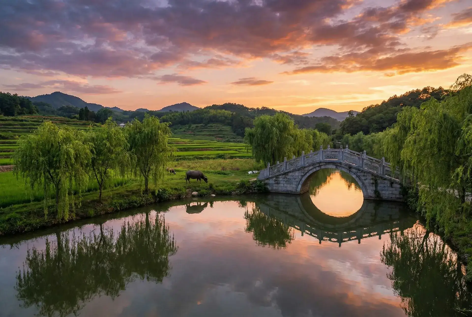 夕阳下的石拱桥与垂柳，水牛在河边吃草 - 年轻的母亲 乡村美景